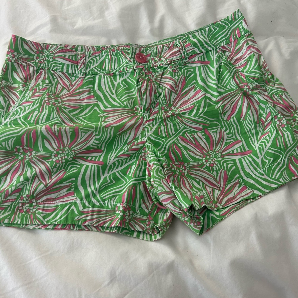 Lilly Pulitzer Green and Pink Bermuda Shorts Vibrant Tropical Print